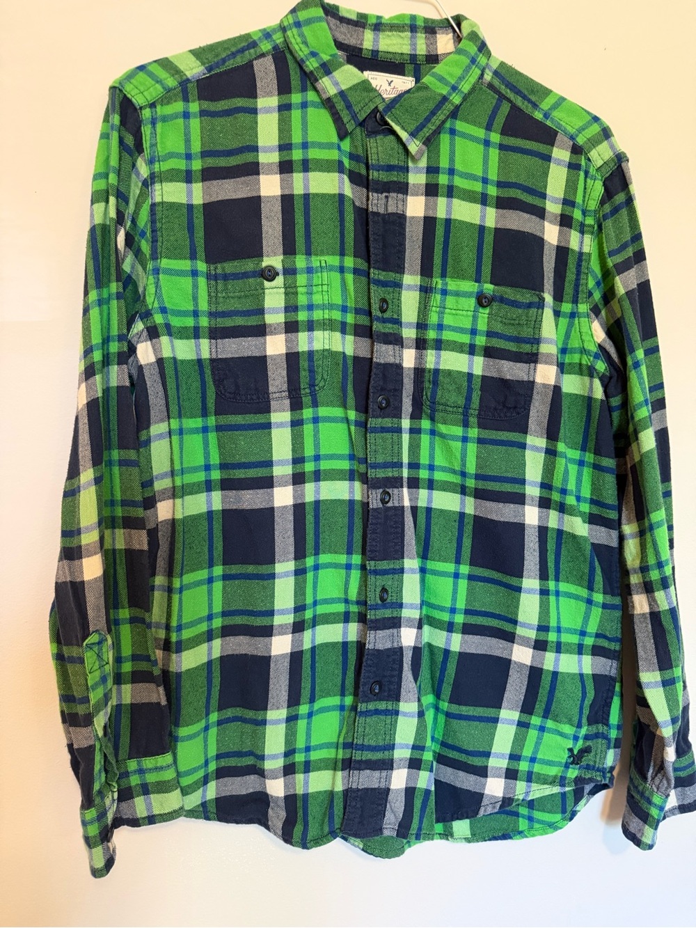 American Eagle Outfitters Green and Navy Plaid Button-Down Shirt